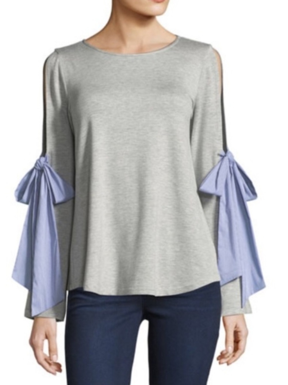 New! Marled Light Gray Slit Long Sleeve Top Blue Striped Ties Medium NWT